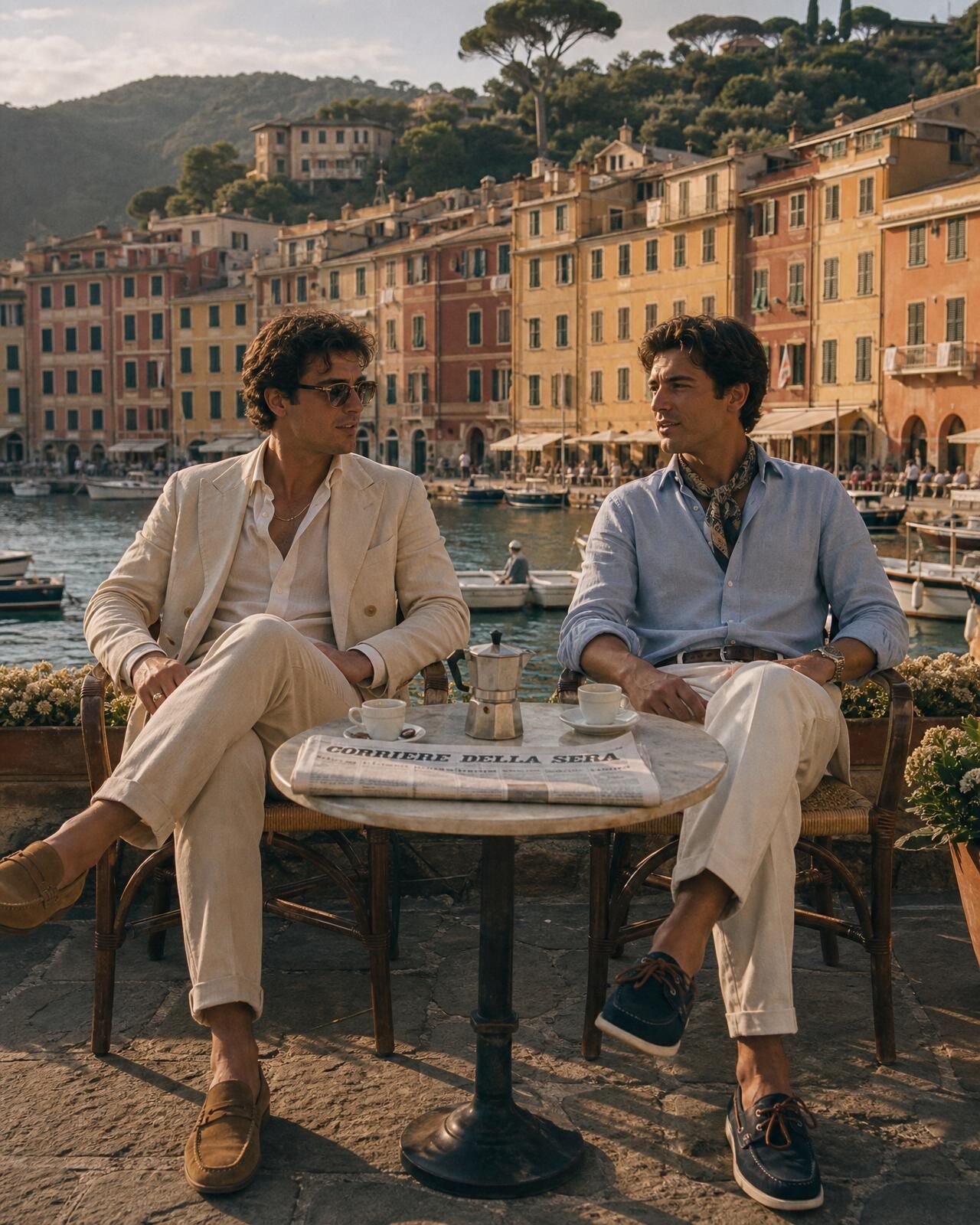 Due giovani italiani vestiti old money, seduti al caffè con vista sul porto di Portofino